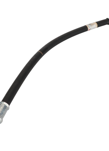 The AGCO Hydraulic Hose - Acp0003390 is a black hose with metallic connectors on both ends, designed with a slight curve. Currently, there isn't a detailed product description available.”