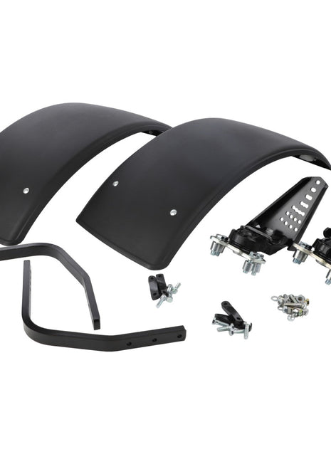 A set of AGCO Front Mudguard Kit - Acw088733A, including black plastic fender flares and mounting hardware, are laid out on a white background.