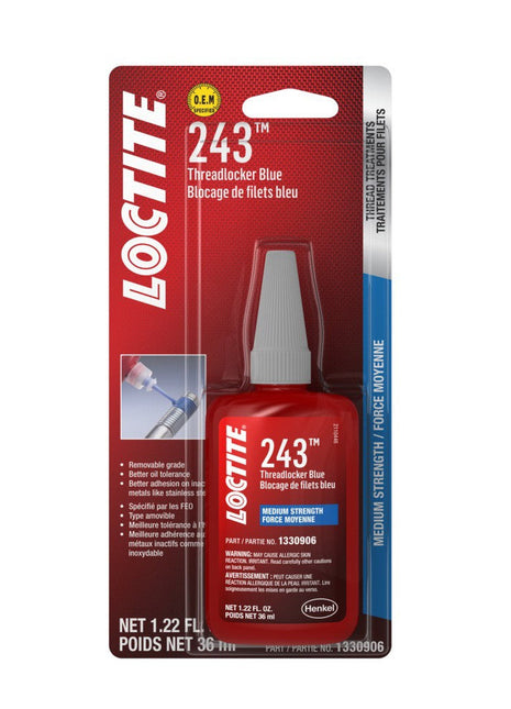 A red bottle of AGCO Loctite® Threadlocker 243™, showcased in its original packaging. This medium-strength threadlocker comes in a 1.22 fl oz (36 ml) size, perfect for ensuring secure adhesion and preventing loosening due to vibrations.