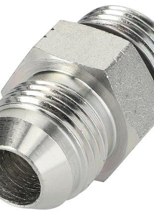 A close-up image of the AGCO ADAPTER - AL5028078, a hex nipple pipe fitting with threaded ends, commonly utilized in plumbing and industrial applications.