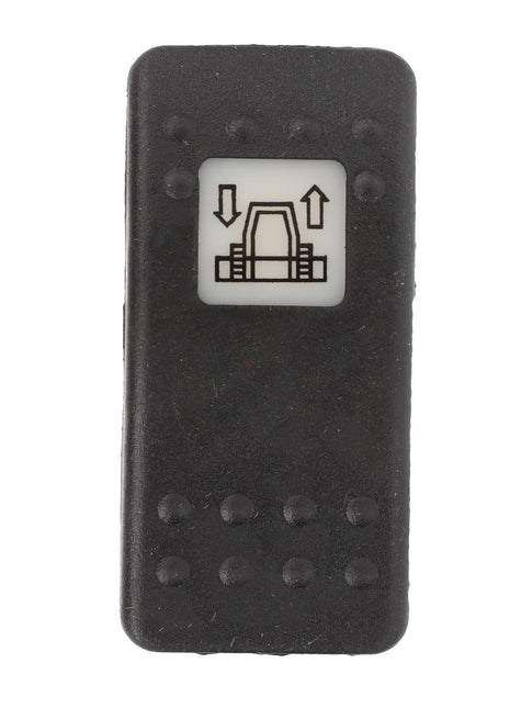 A rectangular black plastic button from AGCO, designated as BUTTON - D45000118, featuring a white icon of a seat with two arrows, one pointing up and one down. Product description is currently unavailable.