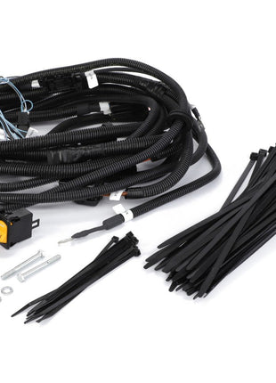 A vehicle wiring harness kit meticulously arranged on a white background includes cables, zip ties, connectors, brackets, screws, and other essential hardware components. Product Name: AGCO | Vertical Knives Control - C1173023 by AGCO. No current product description information available.