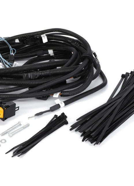 A vehicle wiring harness kit meticulously arranged on a white background includes cables, zip ties, connectors, brackets, screws, and other essential hardware components. Product Name: AGCO | Vertical Knives Control - C1173023 by AGCO. No current product description information available.