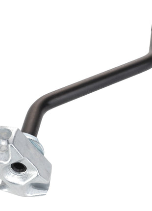 Introducing the AGCO | LEVER - AL4500396, a metal tool from AGCO featuring a black L-shaped handle with a slight bend near the base and a silver, threaded base with a hexagonal attachment point. The distal end of the handle is covered with a black tip.