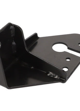 The AGCO Bracket - Acp0343910 is a black metal bracket featuring several holes for mounting. One side is angled while the other side is flat with a circular cutout. Further product description is currently unavailable.