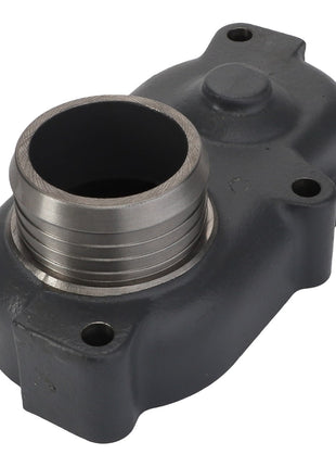 The AGCO Cover - Acw7494200 is a metal mechanical part with a threaded cylindrical opening and four mounting holes.