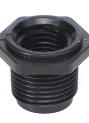 Close-up of the AGCO Hex Reducer Bushing (Ag051168), featuring a black plastic threaded pipe reducer bushing with a hexagonal head and both external and internal threads.
