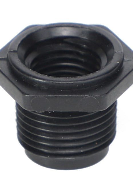 Close-up of the AGCO Hex Reducer Bushing (Ag051168), featuring a black plastic threaded pipe reducer bushing with a hexagonal head and both external and internal threads.