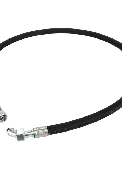 The AGCO Hose - Acw5101130 is a black hydraulic hose featuring metal connectors on both ends, coiled in a partial circle. This serves as our placeholder for the No Current Product Description section.