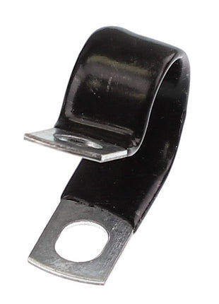 The AGCO | HOSE CLAMP - AG561488, a metal P-clamp from the brand AGCO, is designed for securing cables or pipes with a black rubber coating and features a screw hole for easy mounting. No current product description information is available.