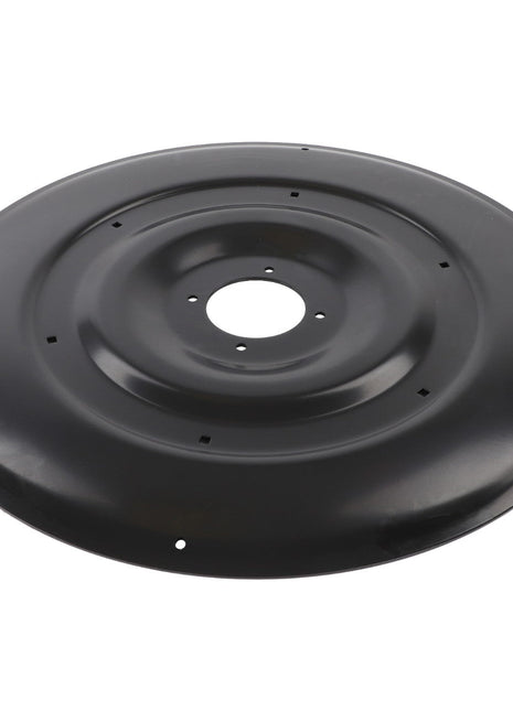 The AGCO Skid - Fel140129 is a round, black metal disc with a central hole and several smaller holes symmetrically arranged around it.