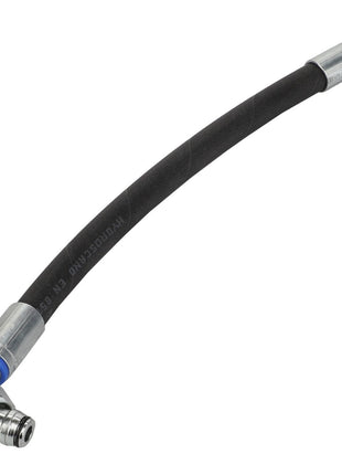 We don't have a detailed product description at the moment, but here's what we do know: the AGCO Hydraulic Hose - Acw2864920, made by AGCO, is a black hydraulic hose equipped with metal fittings at both ends. One end features a straight fitting, while the other end has a 90-degree elbow fitting.