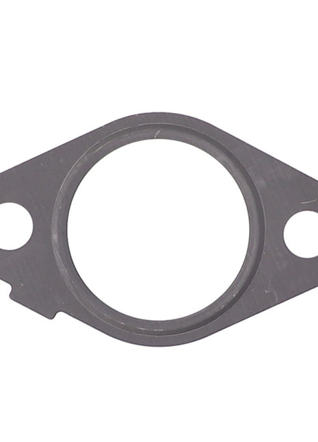An AGCO Gasket - F530200090180, features a metal construction with a central circular opening and two smaller holes on either side. No current product description is available for this item.