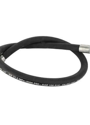 An AGCO hydraulic hose with metal fittings at both ends, model Acw3128480: one straight and one angled. No current product description information is available for the specifications written on its surface.