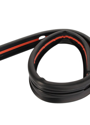 The AGCO Gasket - Acp0418860 by AGCO is a coiled black rubber weatherstrip that features an adhesive red strip on one side for easy application.