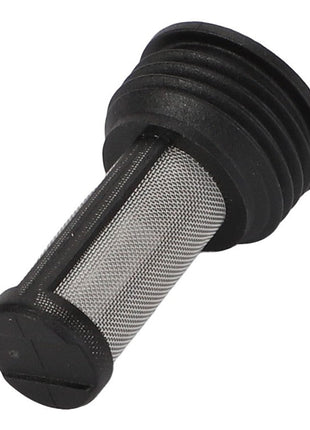 The AGCO Filter - Acp0677400 is a cylindrical metal mesh filter featuring a ridged black plastic cap and base, ideal for filtering fluids or air in machinery or appliances.