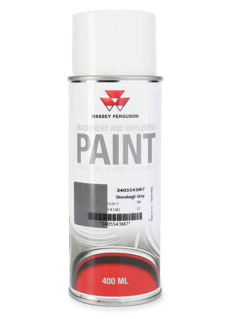 A 400 ml aerosol of AGCO Mf Stoneleigh Grey (product code 3405543M7) machinery and implement paint, perfect for quick-drying touch-ups on metal surfaces.