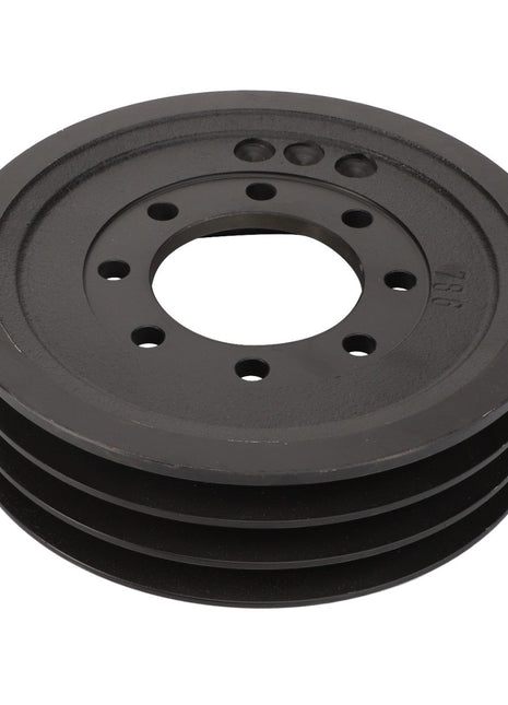 The AGCO PULLEY - D28750079 is a black, multi-grooved component featuring a central hole and several smaller surrounding holes, designed for use in machinery with belt-driven systems.