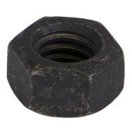 Get a close-up view of the AGCO | HEX NUT - AG007115, a dark-colored hexagonal metal nut with visible threading inside, ideal for securing your product components. For any inquiries, please contact our support team.