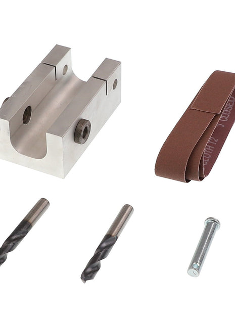 The AGCO | KIT - AG429800, a set of metalworking tools from the renowned brand AGCO, includes a metal block clamp, two drill bits, a screw, and a brown strap, all meticulously arranged on a white background. No additional product description information is currently available.