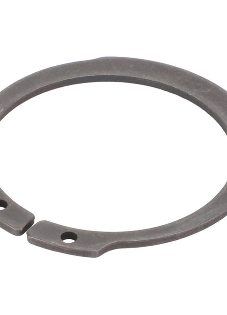 The AGCO Lock Washer - F339300020980 is a metal circlip or retaining ring with two holes near its opening.