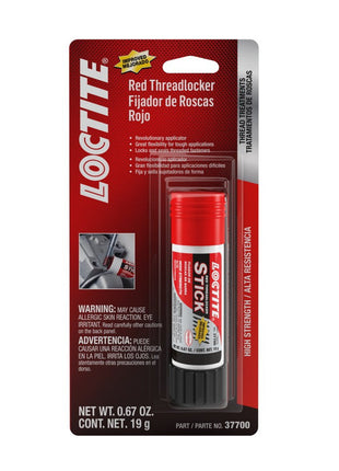 A packaged tube of AGCO | Loctite® Red Stick Threadlocker, weighing 19 grams (0.67 oz), with no current product description available, but the package highlights its high strength and enclosed applicator (US Only - ACP0039270).