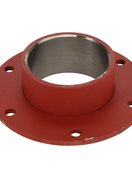 No current product description matches the intricacy of the AGCO | BEARING ASSY - D28580027, a red circular metal flange featuring five bolt holes and a cylindrical hollow center.