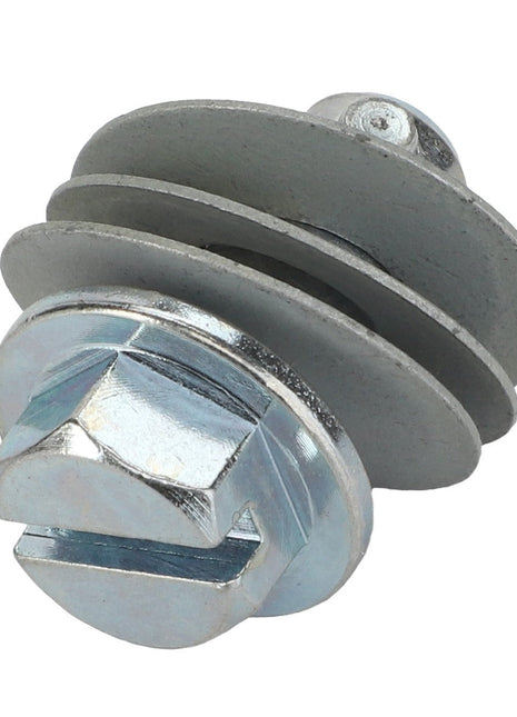 Close-up of a metal AGCO Hex Tension Lock Bolt - Acx3242290 with a flat head, accompanied by two washers. Currently, no detailed product description information is available.