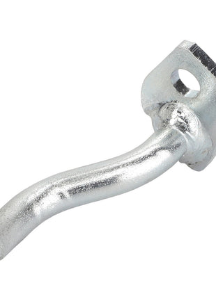 AGCO | Lever - Acp0665920: Close-up of a metallic, curved bracket with a cylindrical end and a flat, perforated attachment plate.