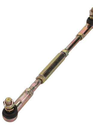 The AGCO | TIE ROD - ACY1132980 is a high-quality metallic adjustable rod featuring two spherical joints at each end, designed for use in automotive or machinery applications to efficiently connect and stabilize components.