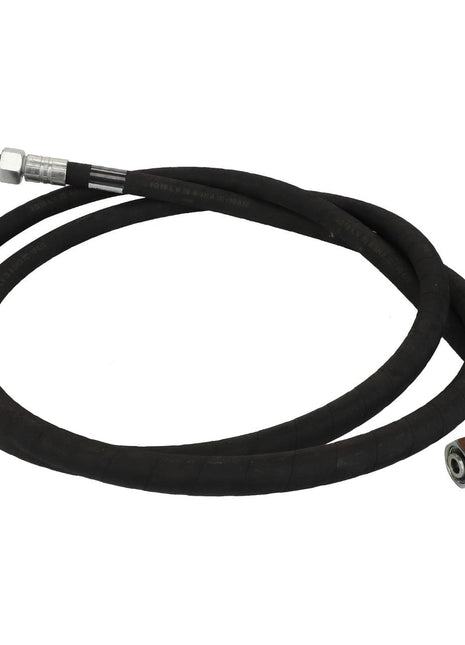 An AGCO black, coiled rubber hose with sturdy metal fittings on both ends is engineered for efficient fluid transfer applications, identified by the warning decal ACP0544130.