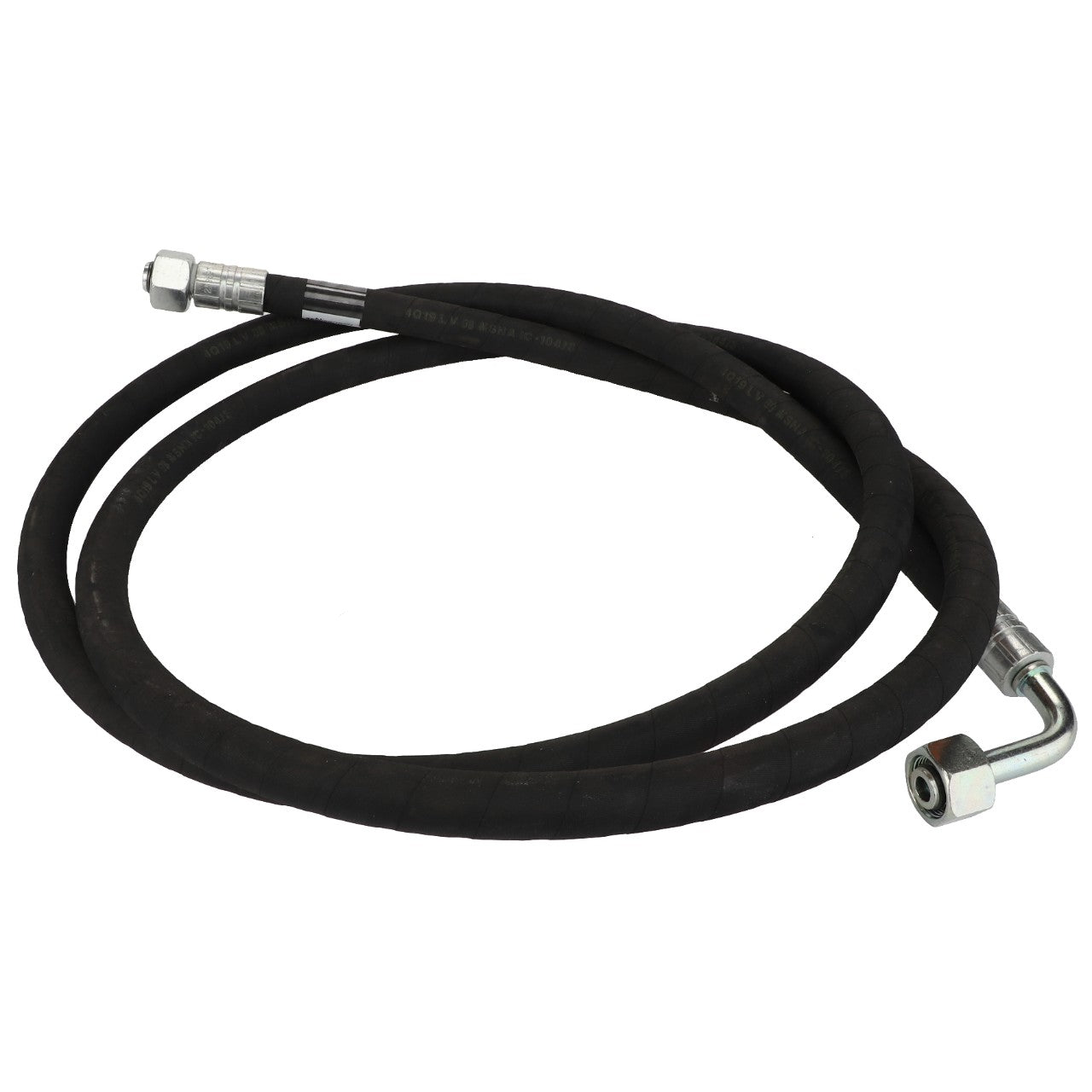An AGCO black, coiled rubber hose with sturdy metal fittings on both ends is engineered for efficient fluid transfer applications, identified by the warning decal ACP0544130.
