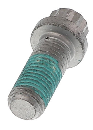 Close-up of an AGCO | 12 Point Flange Head Bolt - Acw4266510 featuring a teal thread lock compound applied to the threads. No current product description information is available.