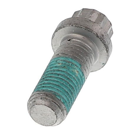 Close-up of an AGCO | 12 Point Flange Head Bolt - Acw4266510 featuring a teal thread lock compound applied to the threads. No current product description information is available.