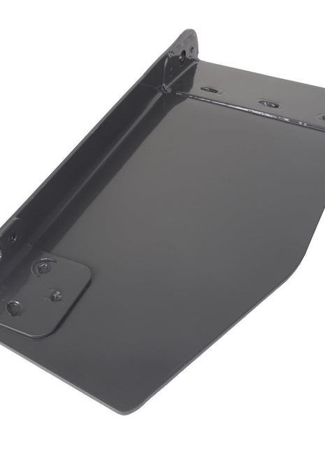 The AGCO | Left Hand Deflector - Acx3255820 by AGCO is a durable black metal bracket with multiple holes on one side and a flat, extended surface on the other, designed for versatile mounting options and secure installations.