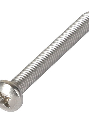 A close-up image of the shiny, silver AGCO MACHINE SCREW - AG718270 featuring a round head and Phillips drive. No current product description information is available.