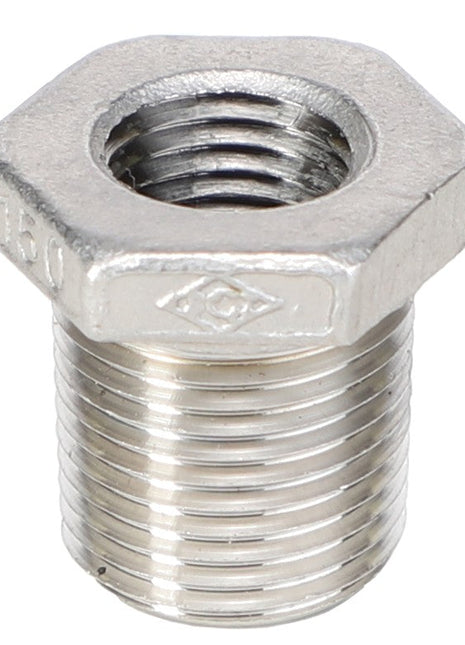 A hexagonal AGCO REDUCER BUSH - AG561973 in stainless steel featuring both internal and external threads, set against a white background.