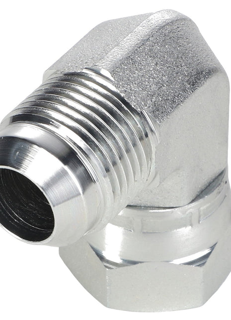 Close-up image of the AGCO ELBOW FITTING - AG717001, featuring a sharp ninety-degree elbow joint and precisely threaded ends.