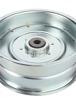 The AGCO Pulley, Idler - Acw1114820, a metal wheel hub featuring a central axle hole and flanged edges, is displayed against a white background. Currently, there is no additional product description information available.