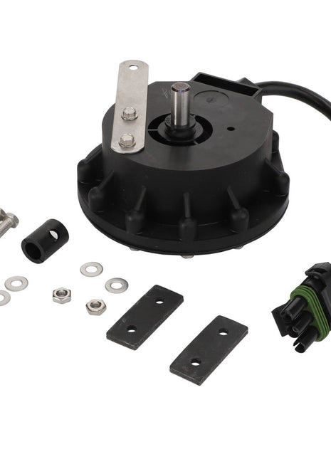 A black mechanical component identified as the AGCO Application Rate Sensor (model Acw3737890), featuring an attached cable and connector, is surrounded by various nuts, bolts, washers, and mounting plates, carefully arranged on a white surface. Unfortunately, no current product description information is available.