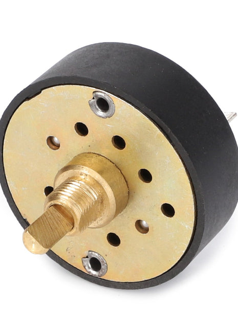 Product Description: AGCO | SWITCH - V30101400 is a round rotary switch featuring a black outer casing, a brass shaft and mounting plate, and multiple connection terminals.