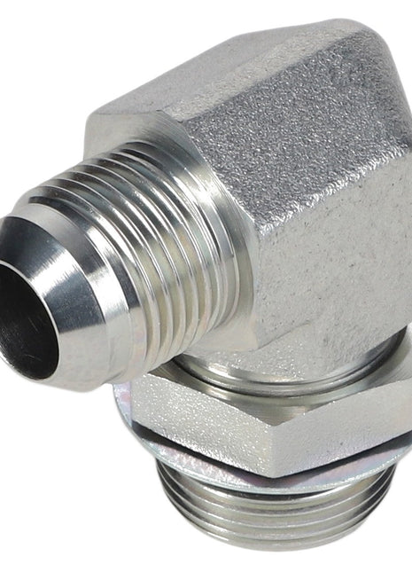 An AGCO ELBOW - AG561028, a metallic, angled pipe fitting with threaded ends, featuring a 90-degree bend and a male JIC connector.