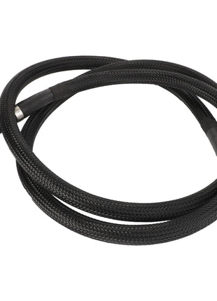 A coiled black braided AGCO Coolant Hose - Acw2345350 with connectors at both ends, lying on a white background.