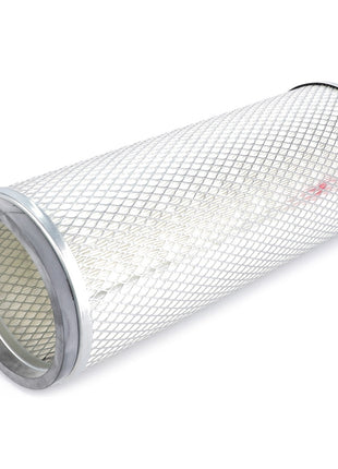 An AGCO Engine Air Filter Cartridge (La1930792) with a silver mesh exterior and metal rims at each end is displayed on a white background. Accompanying it is a small black rubber ring that ensures enhanced filtration efficiency and engine protection.