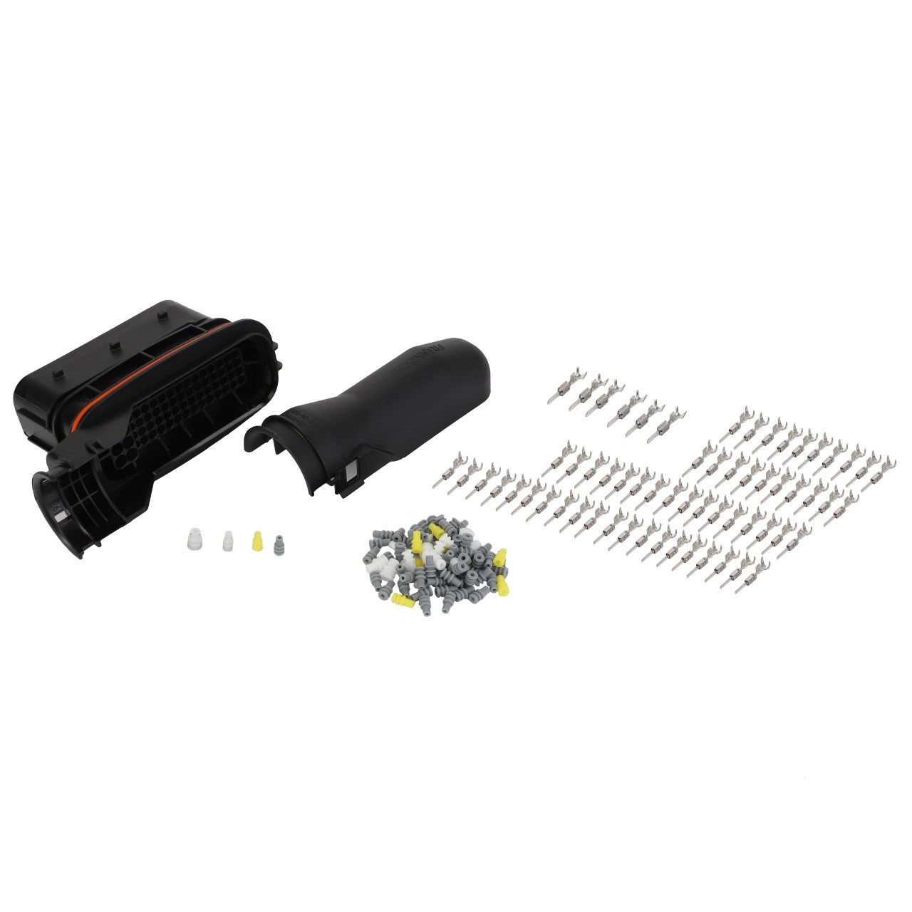 AGCO's Disconnection Point Kit with Connector Pins (F339900950060), featuring multiple small parts and connectors and compatible with Fendt Vario models, meticulously arranged on a white background.