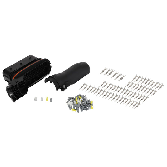 AGCO's Disconnection Point Kit with Connector Pins (F339900950060), featuring multiple small parts and connectors and compatible with Fendt Vario models, meticulously arranged on a white background.