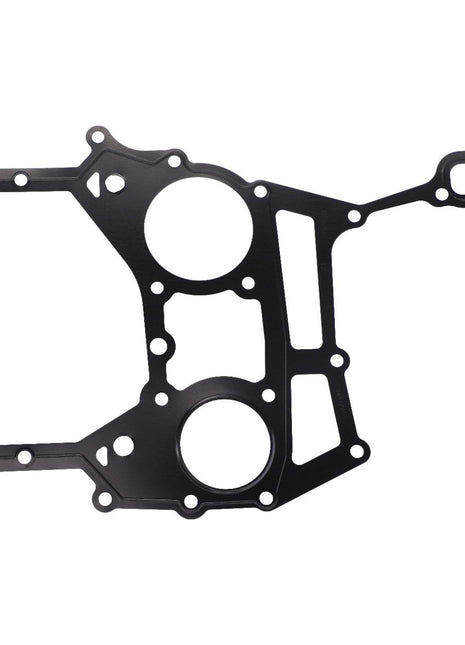 The AGCO | Gasket - 4226378M1 by AGCO is a black, intricately-shaped automotive gasket featuring multiple holes and connectors, designed for compatibility with Fendt models.