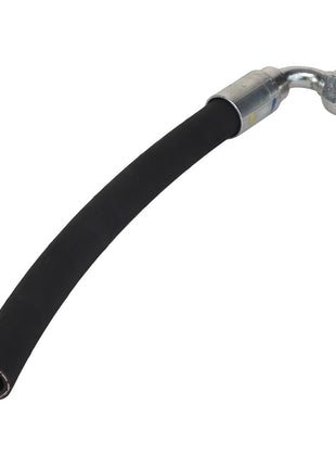 The AGCO Hydr. Hose - Acw0166680 is a versatile black rubber hose that features a metal fitting at both ends, with one straight and the other angled.