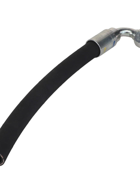 The AGCO Hydr. Hose - Acw0166680 is a versatile black rubber hose that features a metal fitting at both ends, with one straight and the other angled.