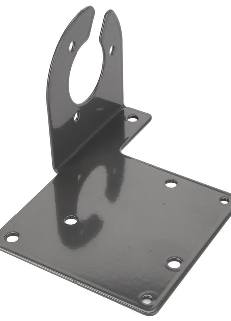 The AGCO Bracket - Acw1379720 is a robust metallic mounting bracket with a flat base, featuring six precisely placed screw holes. The upright section boasts two elegantly curved prongs and a single circular cutout, ensuring secure and versatile usage.